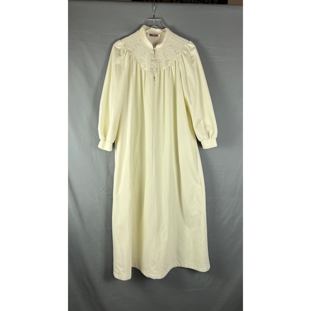 Vintage Vanity Fair Nightgown Women Medium Cream Fleece Lined Floral Embroidered